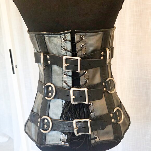 Vintage 90s Silver & Black Stormy Leather Bondage Corset - Picture 2 of 6